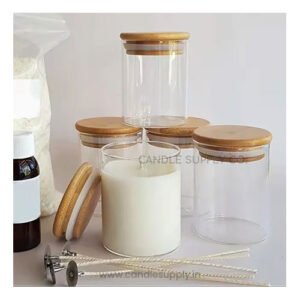 Imported Empty Clear Borosil Glass Jar with Bamboo Wooden Lid for Candles